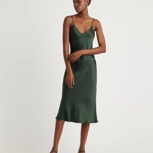 Quince Forest Green V-Neck Satin Slip Dress